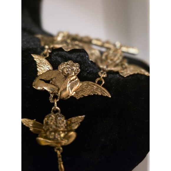Vintage Ultra Craft Over the Shoulder Gold-Tone Angel & Rose Dangling Brooch Pin - Picture 4 of 5